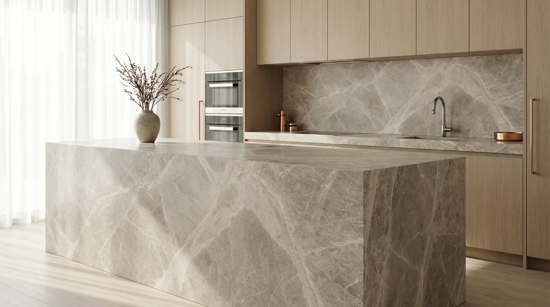 Luxuriöse Küche mit Naturstein-Arbeitsplatte